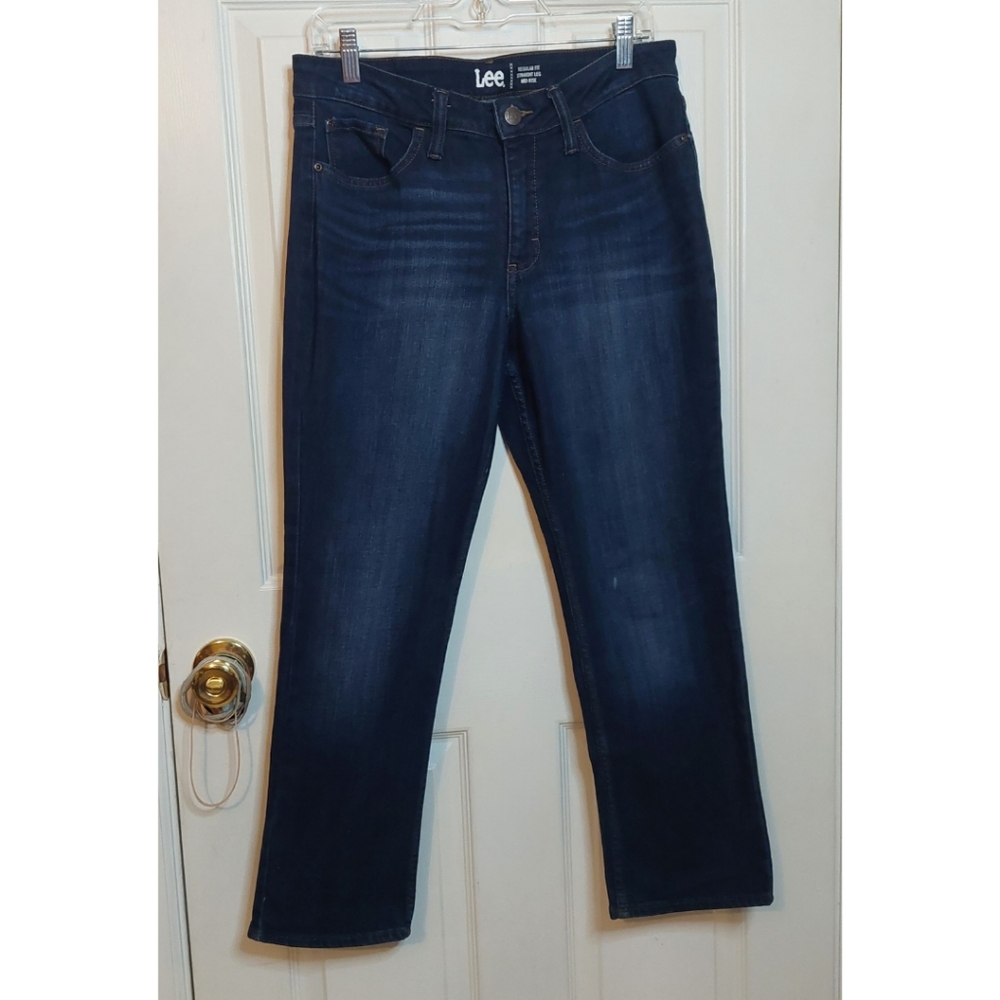 Lee Regular Fit Mid Rise Straight Leg Jeans Dark Acid Wash Blue Denim Size 10P